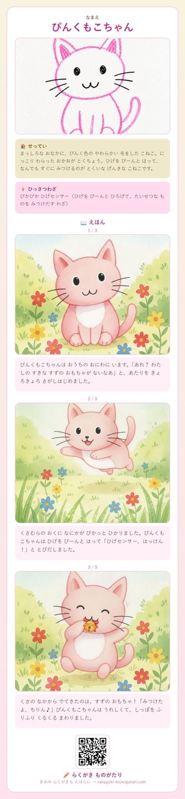 らくがきの ねこちゃんが、えほんの しゅじんこうに へんしん！
ふわふわの しっぽと まんまる おめめが おきにいり
あなたの らくがきも、こんな えほんに なるよ。ぜひ とうこうして 見せてね